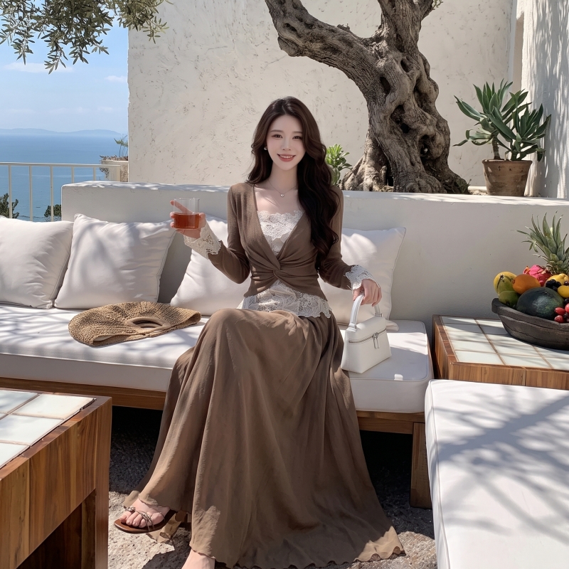 BY36644# 木子李的李栗香漫秋早秋氛围感蕾丝拼接针织上衣大摆半身裙套装  服裝批發女裝批發服飾貨源