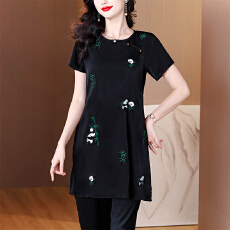 批发实拍2026夏季新中式熊猫抱竹轻奢高级感气质女装<b class='q'>旗袍</b>上衣刺绣T恤