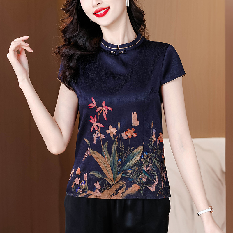 RY2637# 实拍杭州缎面上衣女2026夏季新款短袖印花气质妈妈衬衫