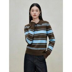 批发<b class='q'>纯棉</b>2026秋冬新款撞色条纹POLO领针织上衣女休闲长袖<b class='q'>打底衫</b>毛衣