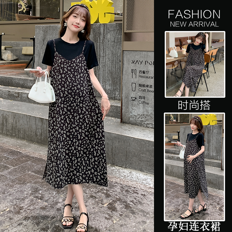 지금 임산부 여름 드레스 새로운 패션 섹션 꽃무늬 중간 길이 슬립 투피스 세트