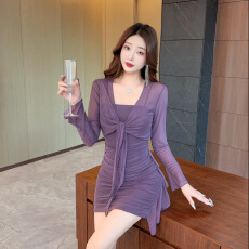 批发「紫雾氛围感」纯欲风吊带包臀<b class='q'>裙</b> + 网纱开衫两件套 显瘦辣妹<b class='q'>裙</b>