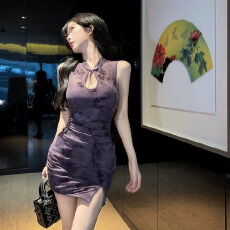 批发夏季新款改良旗袍连衣<b class='q'>裙</b> 性感<b class='q'>无袖</b>挂脖印花包臀<b class='q'>裙</b> 纯欲风辣妹短<b class='q'>裙</b>