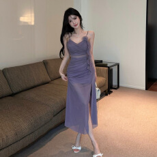 批发紫色网纱吊带连衣裙 纯欲风立体花朵开叉长裙 名媛气质晚礼服