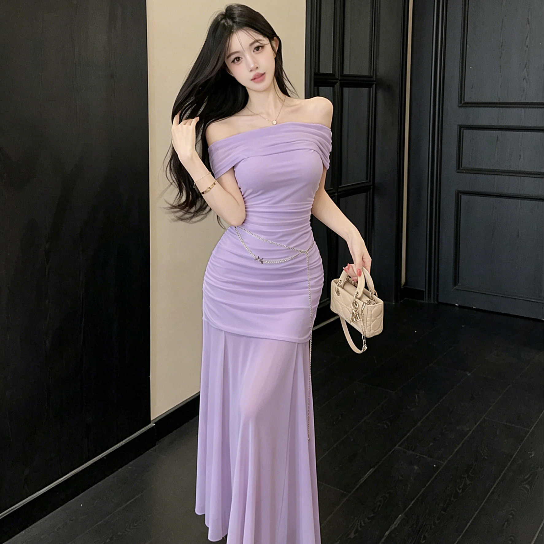 보라색 오프숄더 망사 여성 드레스 순수한 욕망 바람 허리 수축 슬림해 보이는 품격 명문 여성 롱 코트 타이트 스커트 인어 꼬리 스커트