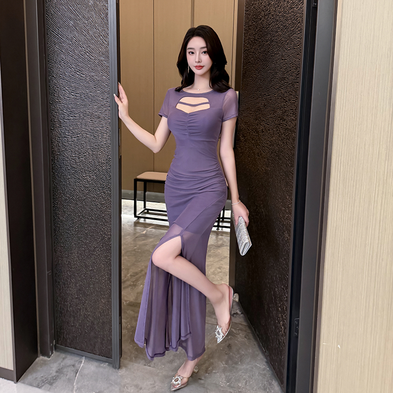 보라색 망사 홀로우 아웃 여성 드레스 여름 핫걸 허리 수축 슬림해 보이는 트임 타이트 스커트 품격 롱 코트 인어 꼬리 스커트