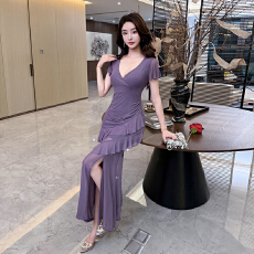 批发紫色网纱V领连衣裙女夏季辣妹收腰显瘦开叉荷叶边气质长款鱼尾裙