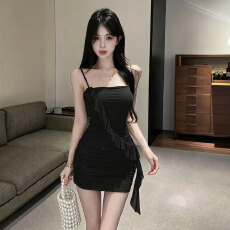 批发纯欲风立体玫瑰吊带<b class='q'>连衣裙</b>女<b class='q'>荷叶边</b>飘带褶皱包臀性感辣妹夜店短裙