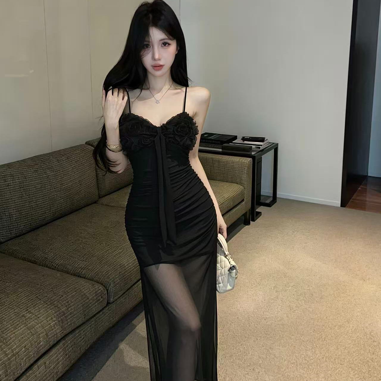 순수한 욕망 3 차원 장미 슬립 망사 롱 스커트 여성 펌프 로프 주름 타이트 스커트 트임 인어 꼬리 섹시함 나이트 클럽 드레스