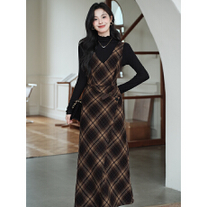 批发实拍美拉德复古<b class='q'>格</b>纹V领背心<b class='q'>连衣裙</b>配打底衫 上架+40以上