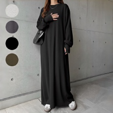 批发2025乐天日韩款简约卫衣<b class='q'>连衣裙</b>女宽松遮肉休闲长袖慵懒风过膝长裙