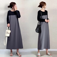 批发2025秋冬外贸跨境日韩拼接春季新款撞色连衣裙长袖宽松显瘦裙子