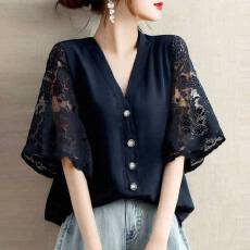 批发日系2026夏季新款v领门襟系扣两袖蕾丝上衣