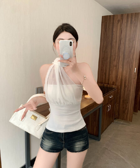 실사 리본 행침 목 슬립 여성 주름 망사 패치워크 구덩이 기사 슬림해 보이는 타이트 순수한 욕망 바람 짧은 맨위