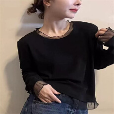 批发网纱花边磨毛长袖T恤<b class='q'>打底衫</b>女2025秋冬新款韩版时尚保暖洋气上衣
