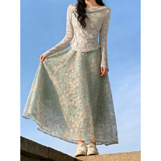 批发法式重工刺绣网纱半身裙女2026春季显瘦高腰A字中长款大裙摆长裙