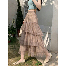 批发实拍珠光拼接蛋糕网纱半身裙新款高腰显瘦百搭中长款A字百褶裙子