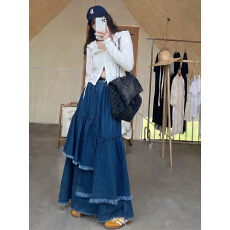 批发实拍大码女装春季胖MM时尚宽松显瘦流苏拼接牛仔大摆裙百褶<b class='q'>长裙</b>子