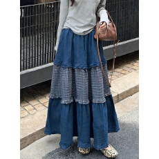 批发实拍法式复古巨好看牛仔裙女2025春季拼接格子木耳边蛋糕大摆<b class='q'>长裙</b>