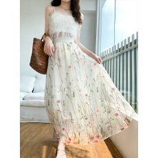 批发实拍网纱半身裙女2026高腰a字百褶中长款裙子女重工刺绣纱纱裙子