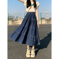 批发实拍度假蛋糕长裙百搭牛仔半身裙高腰大码松紧腰2026年春夏季新款