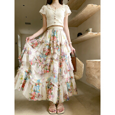 批发实拍不规则印花<b class='q'>高腰</b>半身<b class='q'>裙</b>女春季2026新款大摆网纱显瘦温柔风长<b class='q'>裙</b>