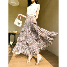 批发实拍咖啡色蛋糕半身裙女2026新款春夏长裙蓬蓬裙格子仙女网纱裙子