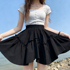 批发实拍高腰百搭黑色半身裙子春季小个子A字裙不规则木耳边<b class='q'>蓬蓬</b><b class='q'>短裙</b>