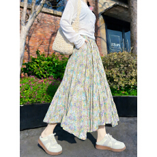 批发实拍柠檬海盐穿搭大码女装胖MM显瘦高腰度假风碎花百褶半身裙长裙