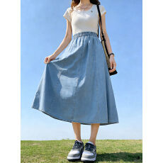 批发实拍浅蓝牛仔半身裙女2026夏季新款松紧腰垂坠感高腰a字大摆长裙