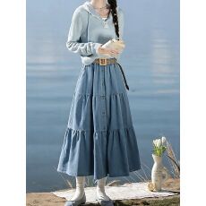 批发实拍blue蓝色牛仔半身裙2026春夏季高腰A字拼接百褶长裙子复古裙