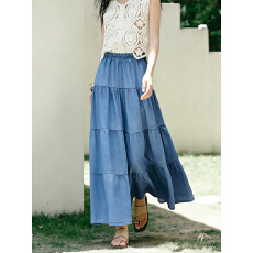 批发实拍牛仔半身裙蛋糕裙褶皱<b class='q'>百搭</b>时尚纯色春夏大摆长款复古显瘦半裙