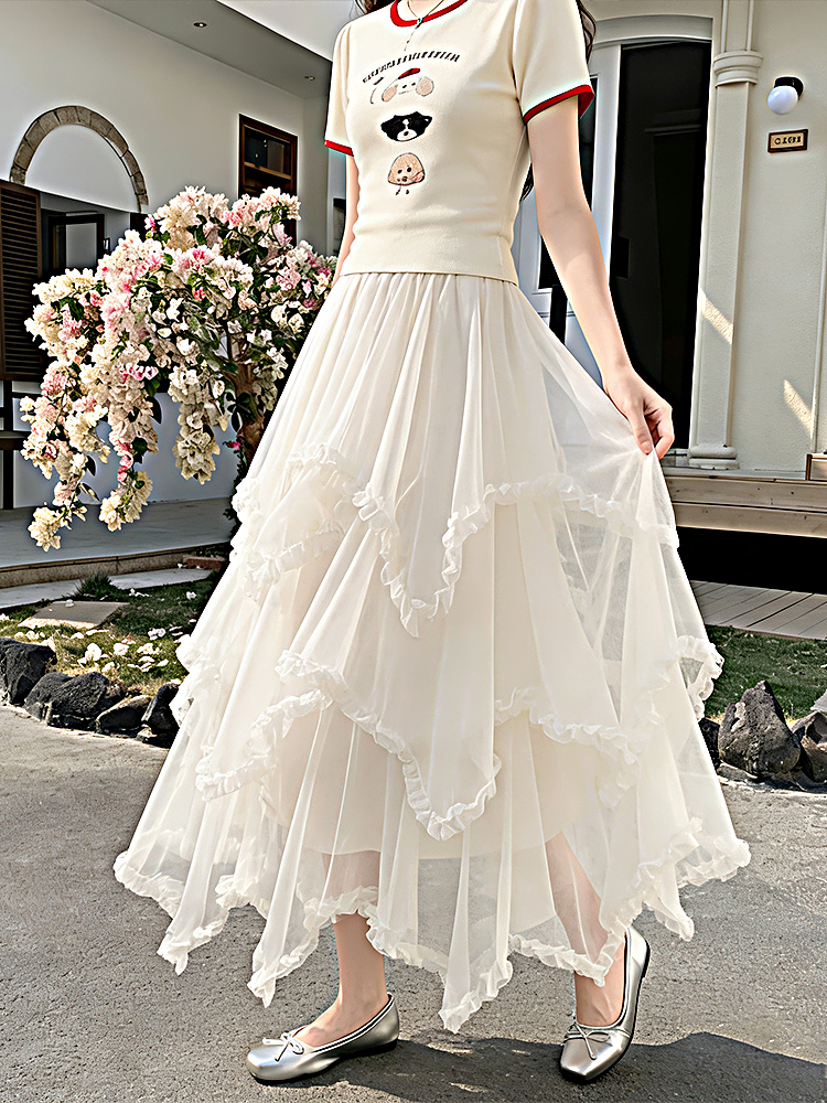 실사 디자인 센스 불규칙 프릴 패치워크 망사 반신 스커트 여성 봄 여름 새로운 퍼프 한 마디 케이크 드레스