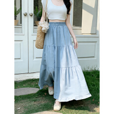 批发实拍蓝色牛仔蛋糕半身裙2026夏季新款薄款休闲百搭气质大摆中长裙