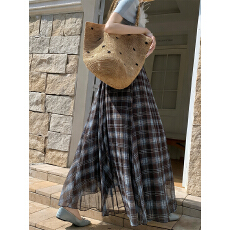 批发实拍格纹<b class='q'>网纱</b>褶皱半身裙女2026春季新款高腰显瘦中长款格子大摆裙