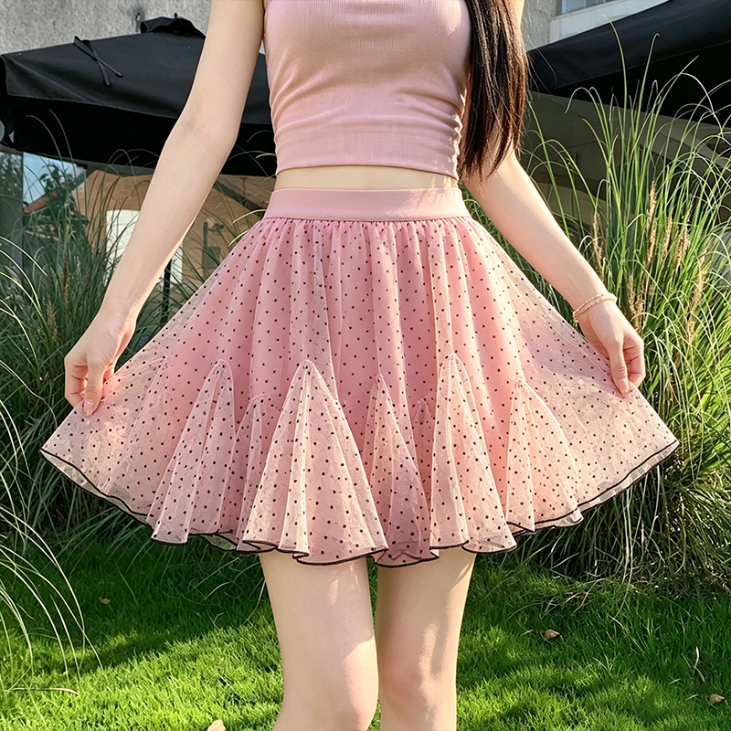 실사 핑크색 식물 플러시 도트 무늬 망사 반신 스커트 여성 여름 얇은 스타일 패치워크 A라인 스커트 작은 키 퍼프 미니 스커트