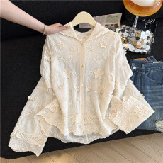 韩版重工蕾丝刺绣长袖开衫百搭衬衫女宽松显瘦轻薄透气连帽上衣