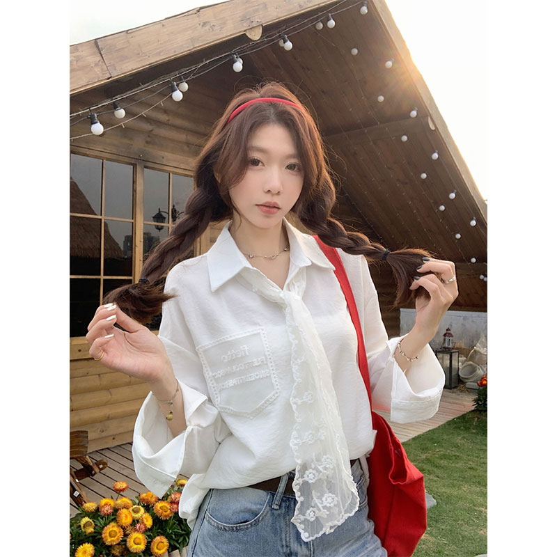 FA33609# 原版定制口袋丝巾蕾丝长袖白色衬衫女夏季设计感开衫上衣 服裝批發女裝批發服飾貨源