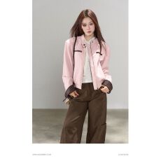 批发韩系甜美温柔风拼接撞色粉色皮衣外套女秋季新款休闲百搭立领夹克