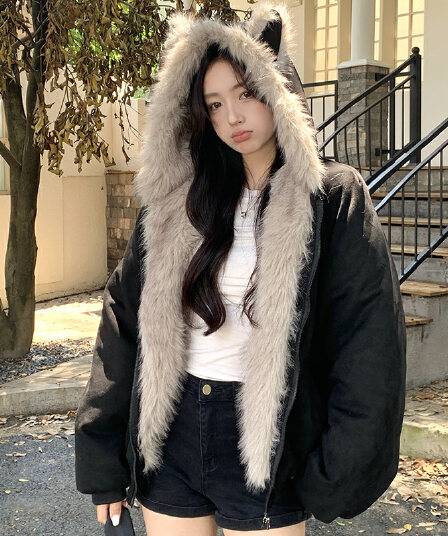 실사 사슴 캐시미어 Parker 서비스 쇼트 스타일 아래 면화 의류 모방 토끼털 큰 모피 칼라 후드 면 옷 재킷 아메리칸 레트로