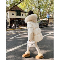 批发粉色羽绒棉服女冬连帽加厚大毛领<b class='q'>中长款</b>小个子面包服外套棉衣