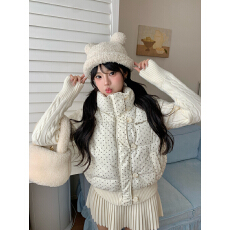 批发韩系甜美波点针织拼接长袖棉服外套女冬季宽松加厚短款保暖面包服