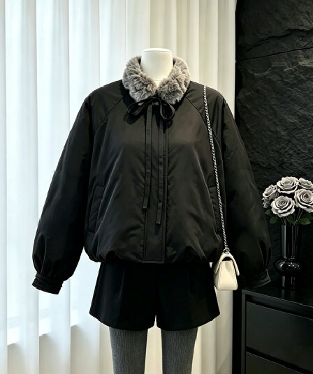 new empire25 겨울 새로운 디자인 센스 작은 대중 맨위 모피 칼라 두꺼운 검정색 꽃밭 면 의류 여성 코트
