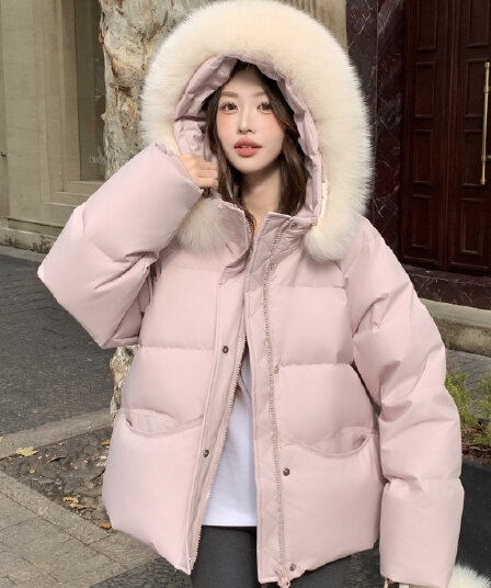 큰 모피 칼라 핑크색 후드 아래 면화 의류 여성 겨울 새로운 작은 키 달콤함 보온 클립 목화 진딧물 두꺼운 재킷