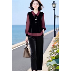 批发已出货金丝绒拼接<b class='q'>雪纺</b>假两件上衣+松紧腰显瘦直筒裤金丝绒套装