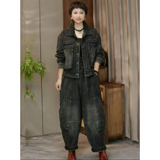 批发2026秋新款时尚原创个性牛仔大口袋套装重工水洗复古哈伦裤一整套