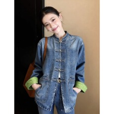 批发春季宽松百搭<b class='q'>通勤</b>夹克上衣独特别致新中式立领盘扣蓝色牛仔外套女