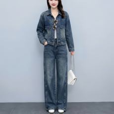 批发实拍蓝牛仔套<b class='q'>装</b>2026春新款长袖<b class='q'>上衣</b>短外套阔腿<b class='q'>裤</b><b class='q'>两件套</b>