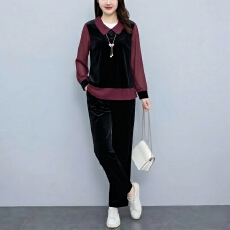 批发实拍金<b class='q'>丝绒</b>拼接雪纺假两件上衣+松紧腰显瘦直筒裤金<b class='q'>丝绒</b><b class='q'>套装</b>