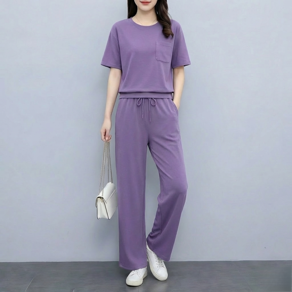 RY3797# 实拍时尚休闲显白休闲紫色舒适运动套装